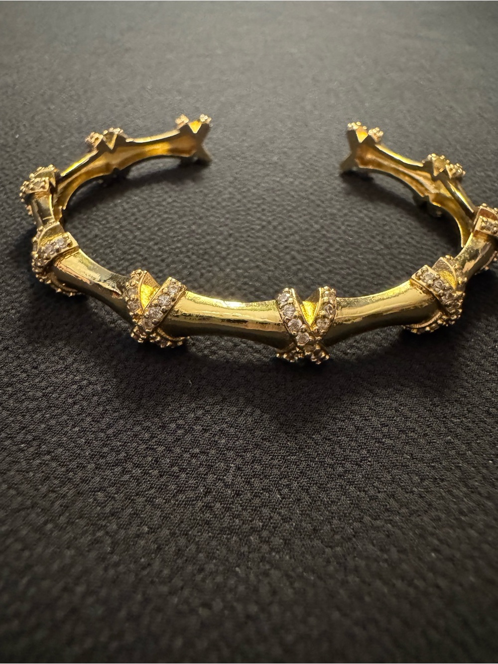 Gold Tone Bamboo Crystal X Cuff Bracelet Petite 2.25”